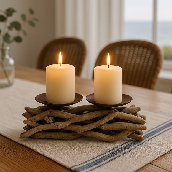 Rustic Driftwood and Metal Double Candle Holder – Coastal Beach House Centerpiec - Picture 5 of 5